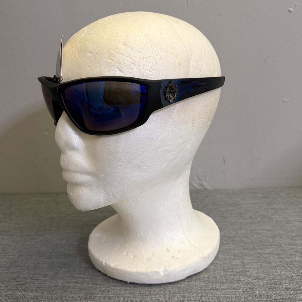 Choppers Sunglasses Mens OS Black Blue Flame Wrap Mirror Lens 6792-BLU Y2K Biker